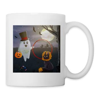 Geist, Katze und Kürbis – Halloweenfreundschaft - Tasse - Weiß - Rechts