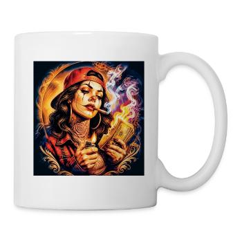 Flammende Dame mit Tattoo und Banknote - Tasse - Weiß - Rechts