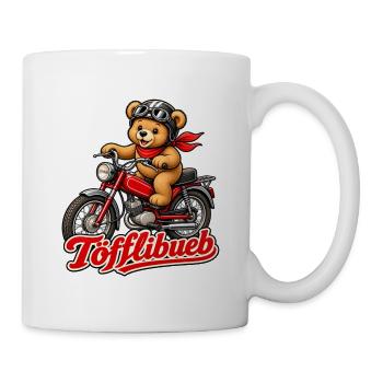 Töfflibueb Teddybär auf Töffli - Für alle Mofafans - Tasse - Weiß - Rechts