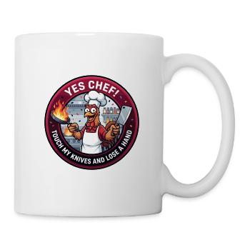 Lustiger Koch Hahn Flammende Pfanne Küchen-Witzabzeichen - Tasse - Weiß - Rechts