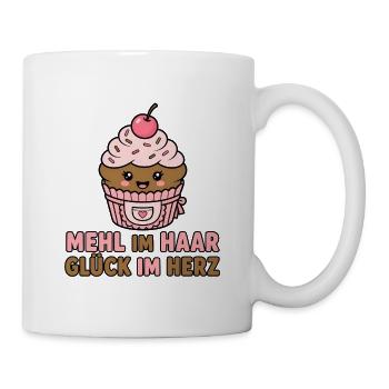 Mehl im Haar Glück im Herz Backen Cupcake Design - Tasse - Weiß - Rechts