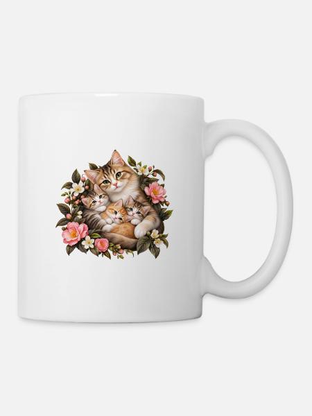 Blumige Katzenfamilie - Tasse - Weiß