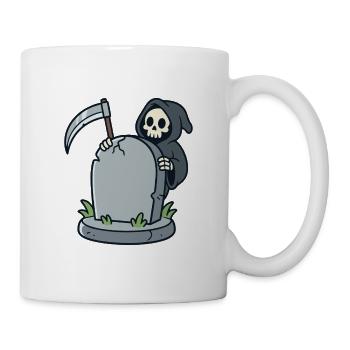 Cartoon-Sensenmann hinter einem Grabstein - Tasse - Weiß - Rechts