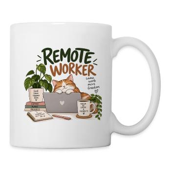 Remote-Arbeiter-Katze – Arbeiten von zu Hause aus Kaffee & Pflanze - Tasse - Weiß - Rechts