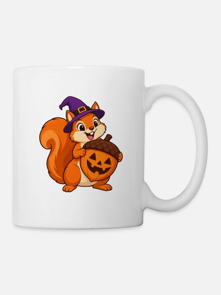 Halloween-Eichhörnchen mit Kürbis-Eichel - Tasse - Weiß