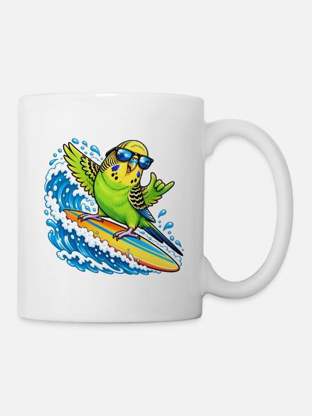Vogel auf der Welle surfen mit Sonnenbrille - Tasse - Weiß