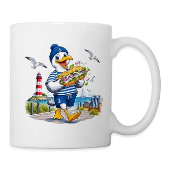 Küstenmöwe Mopsi mit Sandwich - Tasse - Weiß - Rechts