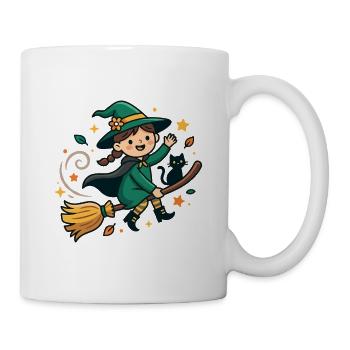 Süße Hexe, die auf einem Besen fliegt, mit schwarzer Katze - Tasse - Weiß - Rechts