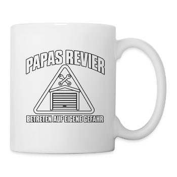 Papas Revier Garage Werkstatt Geschenk Shirt - Tasse - Weiß - Rechts