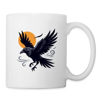 Schwarzer Rabe, der gegen einen leuchtend orangefarbenen Mond schwebt - Tasse - Weiß - Rechts