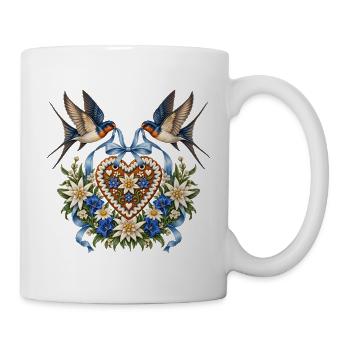 Schwalben mit Lebkuchenherz & Edelweiß - Tasse - Weiß - Rechts