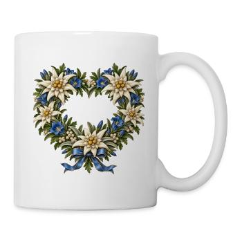 Edelweißherz mit Enzian & blauer Schleife - Tasse - Weiß - Rechts
