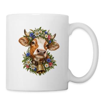 Kuh mit Blumenkrone – Alpenliebe & Tracht - Tasse - Weiß - Rechts