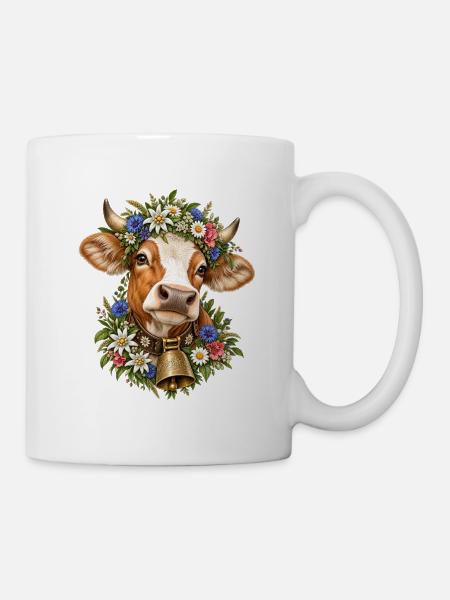 Kuh mit Blumenkrone – Alpenliebe & Tracht - Tasse - Weiß