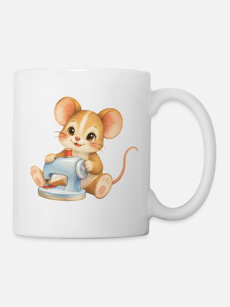 Maus - Nähfreude an der Nähmaschine - Tasse - Weiß