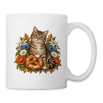 Katze mit Brezel & Alpenblumen - Tasse - Weiß - Rechts