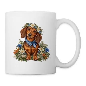 Dackel mit Edelweißkranz & Trachtentuch - Tasse - Weiß - Rechts