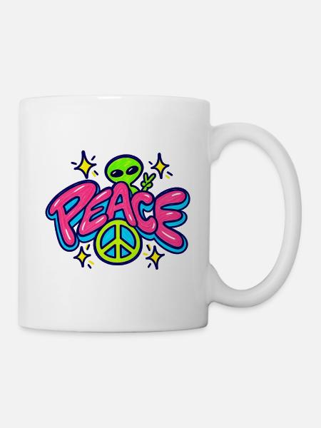 Peace Alien – Retro Neon Friedenszeichen - Tasse - Weiß