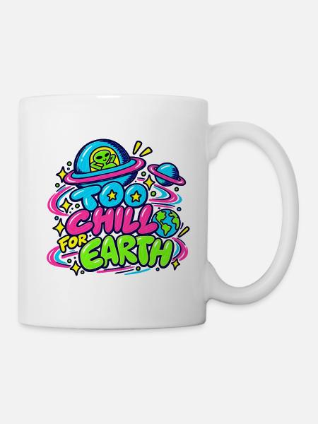 Too Chill For Earth – Alien UFO Retro Neon - Tasse - Weiß