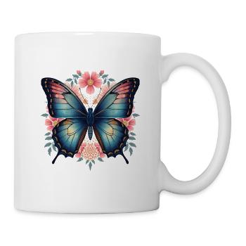 Blauer Schmetterling und Blumenblüten - Tasse - Weiß - Rechts