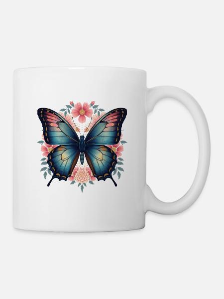 Blauer Schmetterling und Blumenblüten - Tasse - Weiß