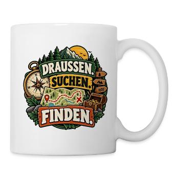 Draußen. Suchen. Finden. Geocaching / Schatzsuche - Tasse - Weiß - Rechts