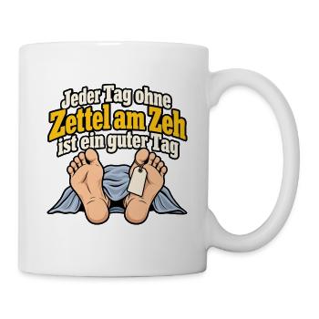 Zettel am Zeh – Schwarzer Humor - Tasse - Weiß - Rechts