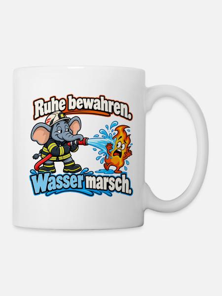 Feuerwehr-Elefant – Ruhe bewahren, Wasser marsch - Tasse - Weiß