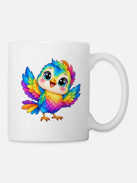 Kawaii Mehrfarbige Vogel - Tasse - Weiß