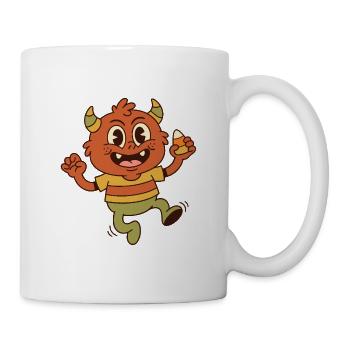 Cartoon-Monster mit Hörnern, das einen Candy Corn hält - Tasse - Weiß - Rechts