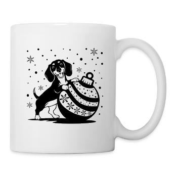 Niedlicher Weihnachtsdackel mit Kugel - Tasse - Weiß - Rechts