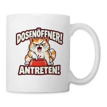 Dosenöffner! Antreten! – Hungrige Comic-Katze - Tasse - Weiß - Rechts