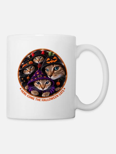 Halloween Katzen im Kostüm Rundemblem - Tasse - Weiß