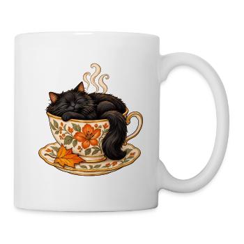 Schwarze Katze in einer floralen Teetasse – Herbstillustration - Tasse - Weiß - Rechts