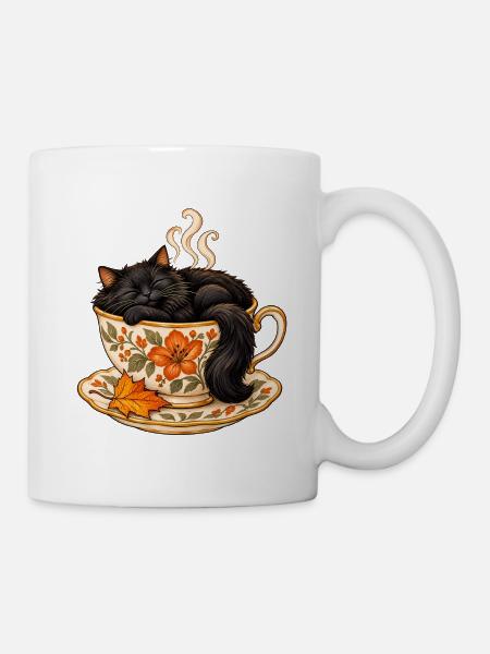 Schwarze Katze in einer floralen Teetasse – Herbstillustration - Tasse - Weiß