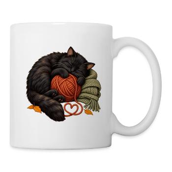 Schlafende schwarze Katze mit Garn – gemütliches Stricken - Tasse - Weiß - Rechts