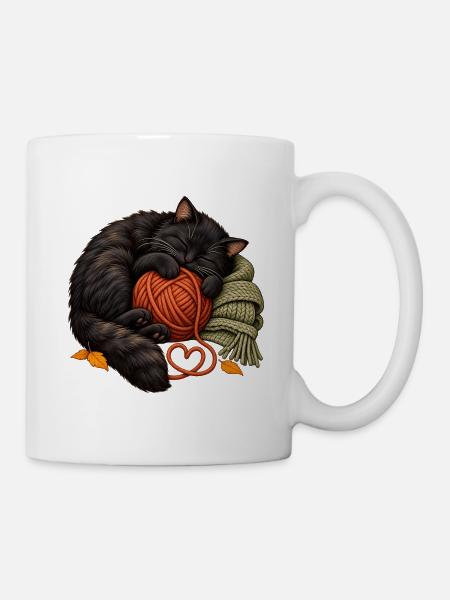 Schlafende schwarze Katze mit Garn – gemütliches Stricken - Tasse - Weiß