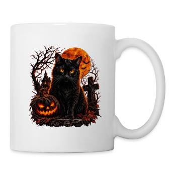 Schwarze Katze in Halloween-Szenerie - Tasse - Weiß - Rechts