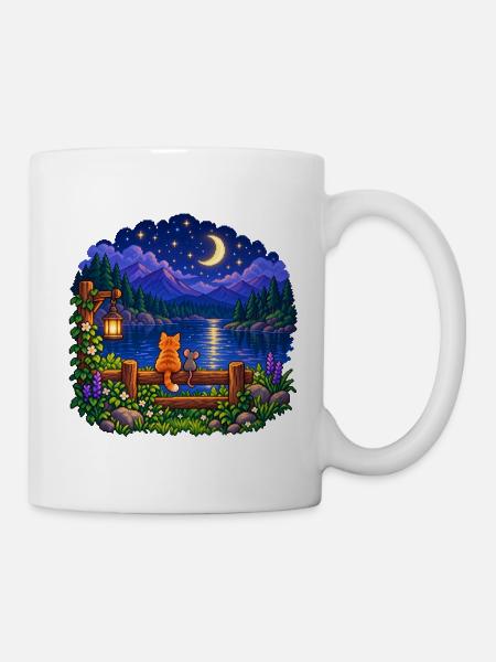 Mondnacht am See: Katze & Maus - Tasse - Weiß