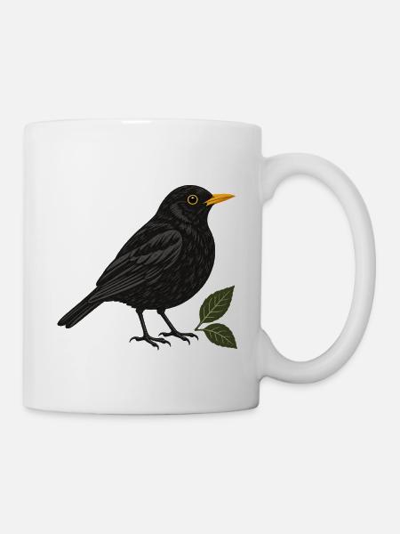 Amsel mit Blättern – Gartenvogel - Tasse - Weiß