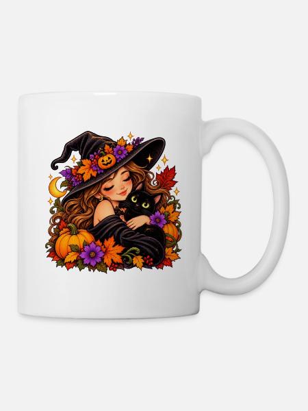 Cozy Witch & Black Cat Halloween - Tasse - Weiß