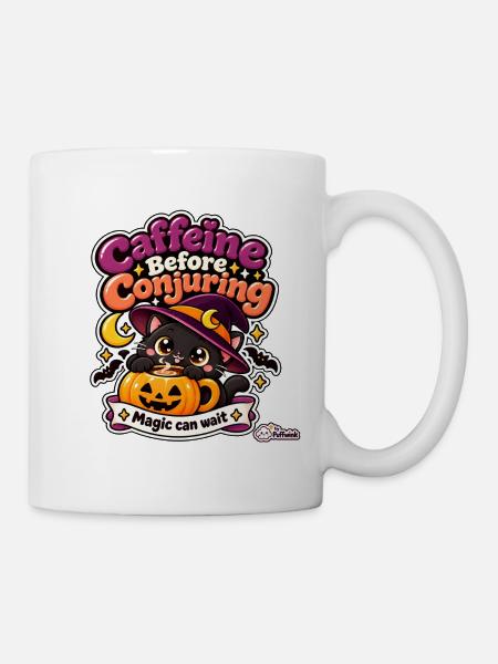 Halloween – Koffein vor dem Beschwören – Hexenkatze - Tasse - Weiß