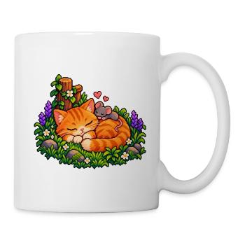 Kuschelnder Gartenkater mit Maus - Tasse - Weiß - Rechts