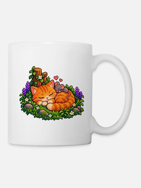 Kuschelnder Gartenkater mit Maus - Tasse - Weiß