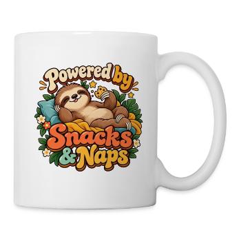 Powered by Snacks and Naps – Lustiges Faultier  - Tasse - Weiß - Rechts