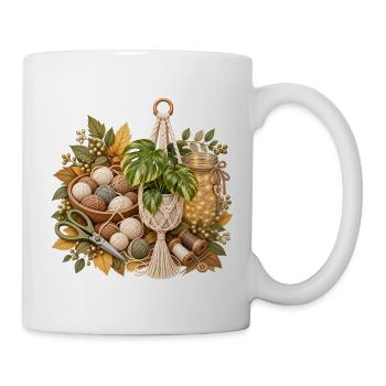 Herbstmakramee mit Garnknäueln und Blätter - Tasse - Weiß - Rechts
