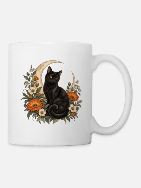 Schwarze Katze im Blumenmond - Tasse - Weiß