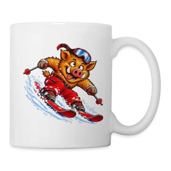 Pistensau - Lustiges skifahrendes Wildschwein - Tasse - Weiß - Rechts