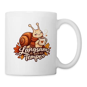 Langsam ist auch ein Tempo – Schnecke mit Kaffee  - Tasse - Weiß - Rechts