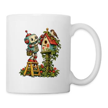 Robot malt Vogelhaus Idyll - Tasse - Weiß - Rechts